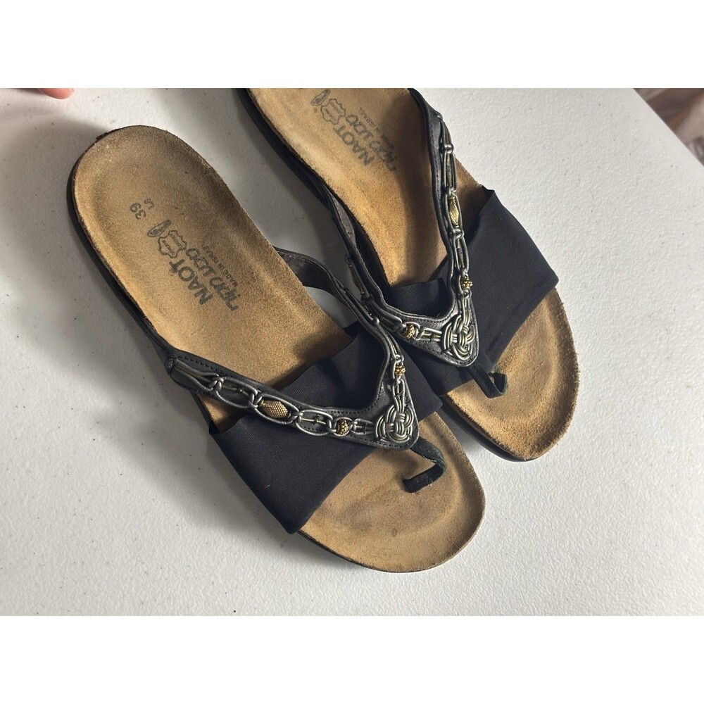 Naot Womens Black Pewter Metallic Beaded Braided Slide Sandals Size EUR 38 USA 8